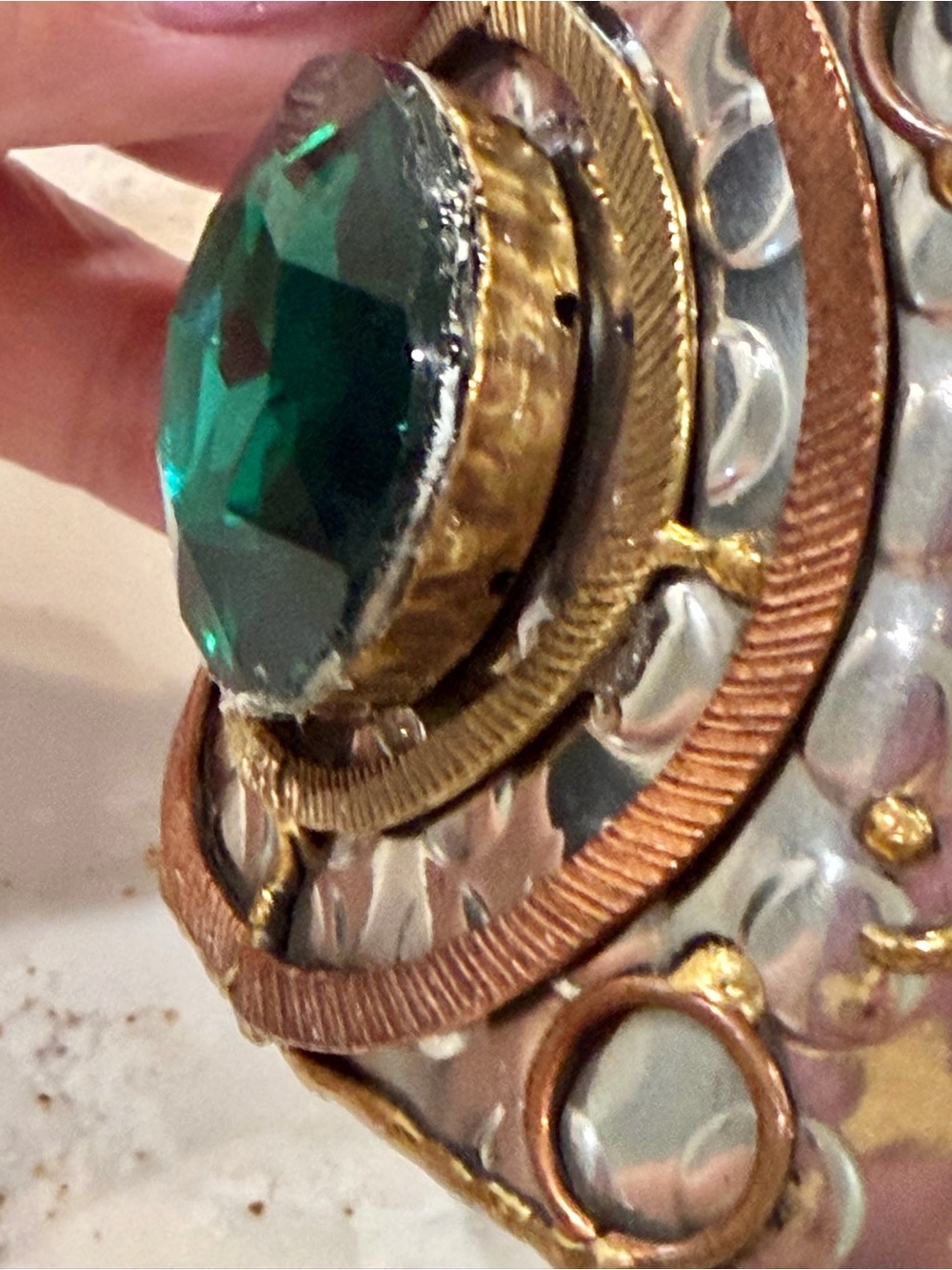 Artisan Mixed Metal Statement Cuff Ringed Medallion Emerald Green Faceted Gem - Picture 8 of 14